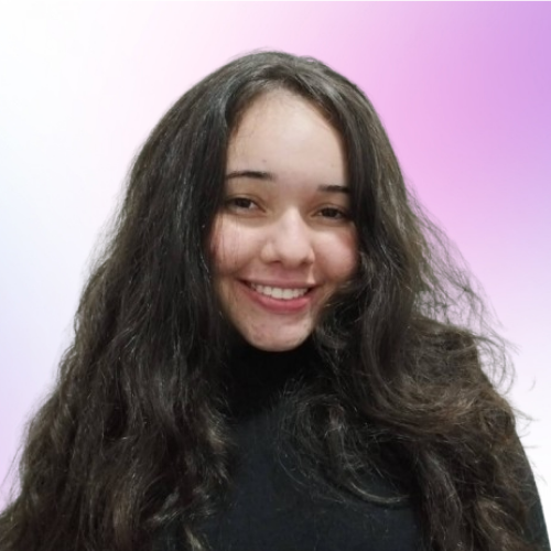 Image with a white woman with long brown hair and brown eyes, with mixed color background.